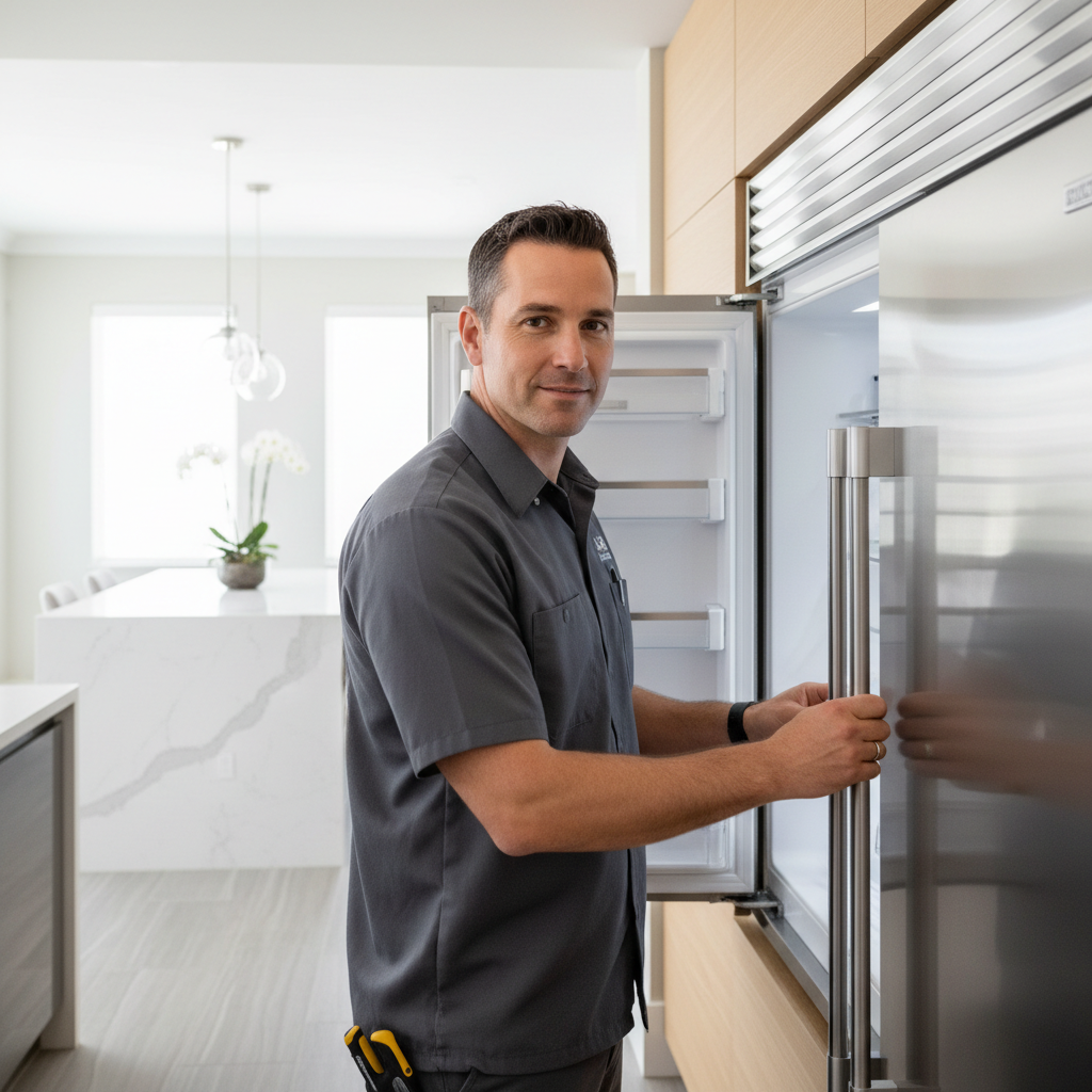 Professional appliance repair technician inspecting a built-in refrigerator